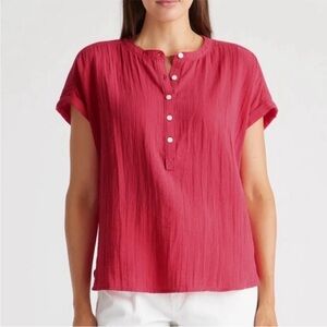 Quince 100% Organic Cotton Gauze Roll Sleeve Shirt Hot Pink Medium